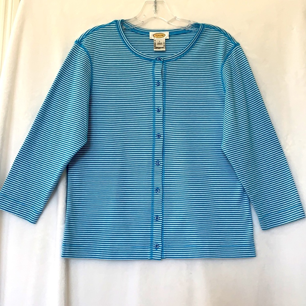 NWOT TALBOTS COTTON CARDIGAN, BLUE & WHITE.